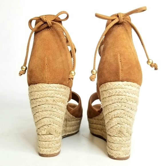 UGG Reagan Peep Toe Suede Jute Platform Espadrille Wedge Tan Brown Sandals, 10 - Picture 7 of 10